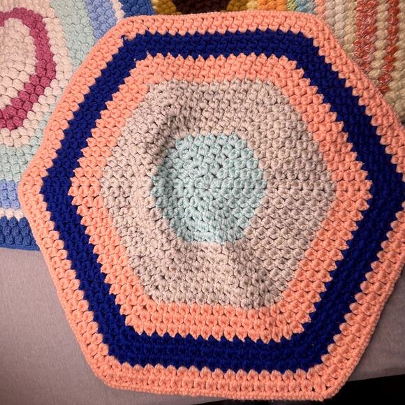 3 Handmade Pink Blue White Multi-Color Crochet Hexagon Afghan Area Chair Rugs - Picture 2 of 5